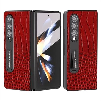 ABEEL Til Samsung Galaxy Z Fold4 5G Kickstand-etui Ægte ko-læder+PC Crocodile Texture Telefoncover med skærmfilm