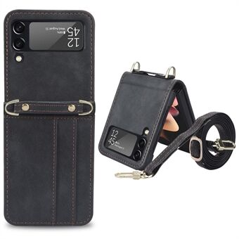 Til Samsung Galaxy Z Flip4 5G telefoncover med design i ét stykke anti-ridse PU læder + pc mobiltelefon taske med lang lanyard kortholder