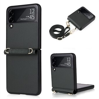 Til Samsung Galaxy Z Flip4 5G Carbon Fiber Texture One-Piece Phone Case PU Læder + PC Foldeligt beskyttelsescover med lang snor
