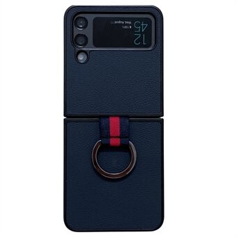 Til Samsung Galaxy Z Flip4 5G Anti-fall Bagcover Ægte Litchi Læder Coated PC Foldetelefon Taske med Finger Ring Holder
