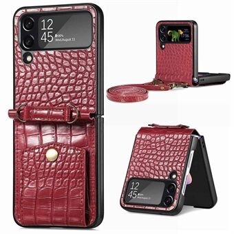Til Samsung Galaxy Z Flip4 5G Crocodile Texture Lædercoated PC Case Card Slots Pung Kickstand Telefoncover med skulderrem