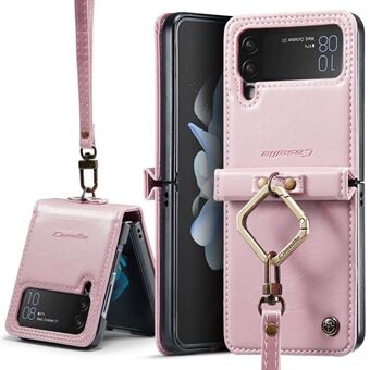 CASEME 003-serien til Samsung Galaxy Z Flip4 5G PU-læderbelagt pc-kickstand-etui Waxy Texture Telefoncover med aftagelig Ring og håndstrop