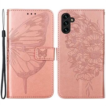 YB Imprinting Series-4 til Samsung Galaxy A14 5G PU Læder Fuld beskyttelse Telefon Case Butterfly Flower Imprinted Flip Stand Wallet Cover med rem