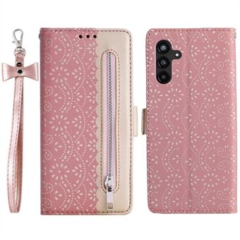 Til Samsung Galaxy A14 5G Stand Cover Lynlås tegnebog Blondeblomstermønster PU-lædertelefontaske med buet håndledsrem