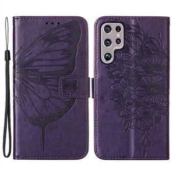 YB Imprinting Series-4 til Samsung Galaxy S23 Ultra PU Læder Fuld beskyttelse Telefon Case Butterfly Flower Imprinted Flip Stand Wallet Cover med rem