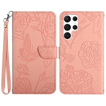 Skin-touch PU læder telefontaske til Samsung Galaxy S23 Ultra, HT03 påtrykte sommerfugle blomster Magnetisk Stand flip telefoncover med rem