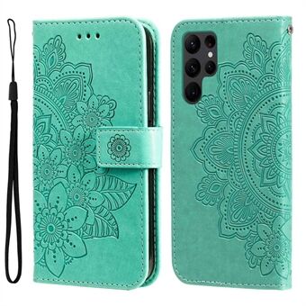 Flower Imprinting Anti-fall telefontaske til Samsung Galaxy S23 Ultra, foldbart Stand PU læder telefonpung cover med rem
