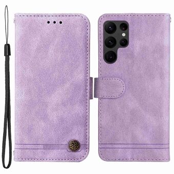 PU-lædertelefontaske til Samsung Galaxy S23 Ultra, træmønster metalknaplinjer påtrykt Stand Skin-touch Anti-drop telefoncover med rem
