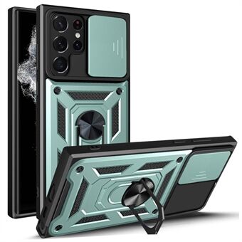 Til Samsung Galaxy S23 Ultra Anti-fall Telefon Case Ring Kickstand PC + TPU Smartphone Cover med Slide Camera Protector