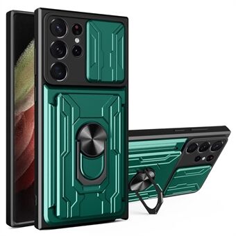 Til Samsung Galaxy S23 Ultra Anti-ridse Telefon Case Magnetisk Ring Kickstand PC + TPU Telefon Protector Kortholder med Slide Camera Cover