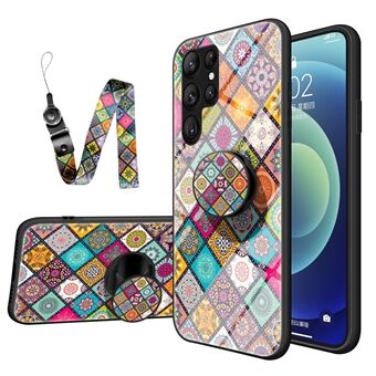 Til Samsung Galaxy S23 Ultra Phone Cover Kickstand med lanyard blomstermønster hærdet glas + pc + TPU beskyttende mobiltelefonetui