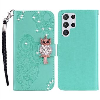 Til Samsung Galaxy S23 Ultra Fall Proof Rhinestone Decor Phone Cover, Imprinting Owl Flower Pattern Stand Wallet Lædertaske