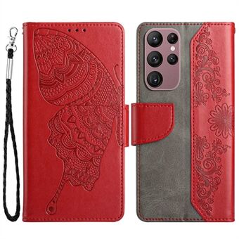 PU læder telefontaske til Samsung Galaxy S23 Ultra, Butterfly Flower påtrykt håndfrit Stand tegnebogscover
