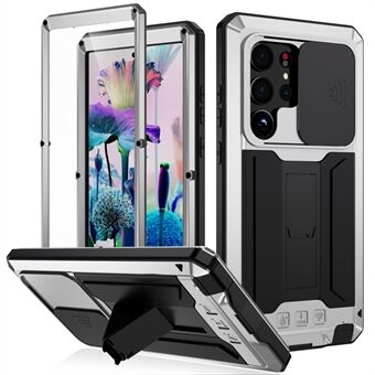 R-JUST til Samsung Galaxy S23 Ultra Slide kameralåg PC+Silicone+Metal Telefon Anti-drop Case Skjult Kickstand Bagcover med hærdet glas skærmbeskytter