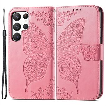 Trykt sommerfuglemønster telefoncover til Samsung Galaxy S23 Ultra, PU læder Stand Magnetlås Anti-drop telefoncover med rem