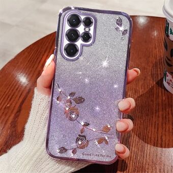 Til Samsung Galaxy S23 Ultra Anti-Fading Gradient Color Telefon Case Blomstermønster Dekor Rhinestone Glitter Powder Fleksibelt TPU telefoncover