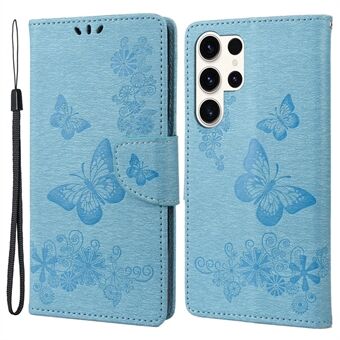 Anti-drop-telefoncover til Samsung Galaxy S23 Ultra, PU-lædertelefonetui Pung Sommerfugle Blomsterprægningsskal med Stand
