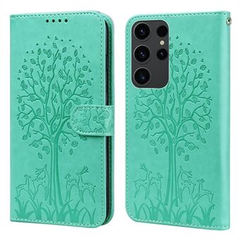 Til Samsung Galaxy S23 Ultra Phone Case PU Læder Deer Tree Pattern Stand Flip Wallet Cover