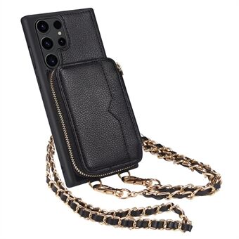 Til Samsung Galaxy S23 Ultra Wallet PU-læder+TPU-telefontaske Kickstand Mobiltelefoncover med rem