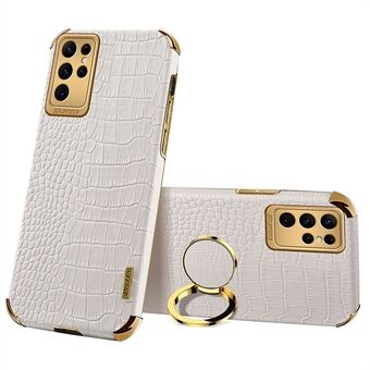 Crocodile Texture Phone Case til Samsung Galaxy S23 Ultra , Ring Kickstand PU læderbelagt TPU 6D galvaniseret cover