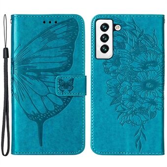 YB Imprinting Series-4 til Samsung Galaxy S23 Butterfly Flower Imprinted PU-læder Stødsikker etui Foldbart Stand tegnebogscover med rem