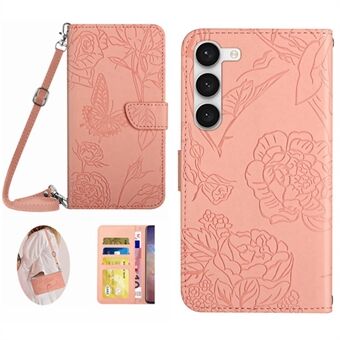 Til Samsung Galaxy S23 HT03 påtrykte sommerfugleblomster Pung Flip Cover PU læder Skin-touch Stand Magnetisk folio beskyttende telefontaske med skulderrem