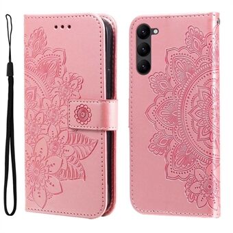 Til Samsung Galaxy S23 Stødsikker telefonetui med blomsterprægning PU-læder telefonpungcover Foldeligt Stand med rem