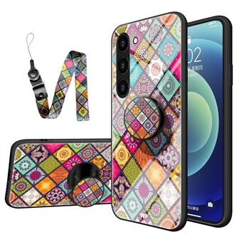 Kickstand telefontaske til Samsung Galaxy S23 blomstermønster hærdet glas + hård pc + blødt TPU beskyttende hybridcover med snor