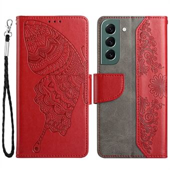 PU læder mobiltelefon etui til Samsung Galaxy S23, Butterfly Flower præget fuld beskyttelse tegnebogscover med Stand