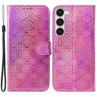 Til Samsung Galaxy S23 blændende blomstermønster telefoncover Anti-ridse PU læder Magnetisk Stand Telefonskal med rem