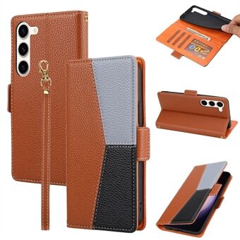 Telefon Læder Taske til Samsung Galaxy S23, Tre-farvet Splicing Litchi Texture Mobiltelefon Stand Cover Pung med rem