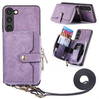 Zipper Wallet Kickstand Case til Samsung Galaxy S23, PU læder+PC+TPU telefoncover med snor