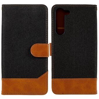 Til Samsung Galaxy S23+ kalvtekstur PU læder splejsning Jeans Stof Telefon Cover Stand Pung Folio Flip Case