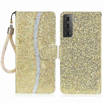 Til Samsung Galaxy S23+ splejsningsdesign PU-læder Glitter Bling telefonetui Foldbart Stand tegnebog Drop-sikkert cover med håndstrop