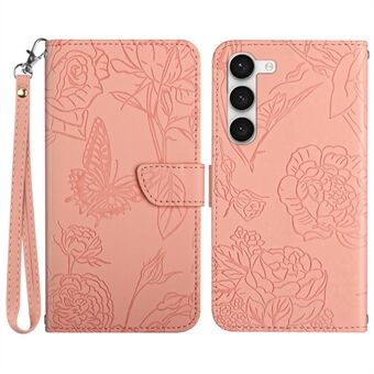 Til Samsung Galaxy S23+ HT03 Pung-etui med påtrykte sommerfugleblomster Skin-touch PU-læder Magnetisk Flip Stand Telefoncover med rem