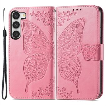 Til Samsung Galaxy S23+ præget sommerfuglemønster Anti-ridse telefontaske PU læder + TPU Stand Beskyttende telefoncover med rem