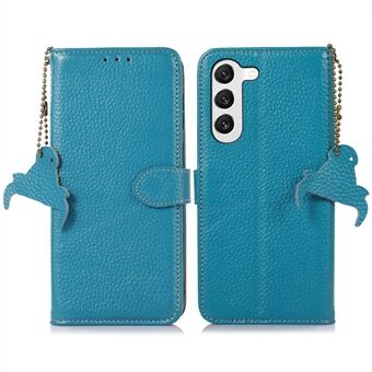 Til Samsung Galaxy S23+ Stand Wallet Ægte ko-lædercover Litchi Texture RFID-blokerende telefonskal