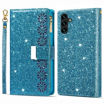 Anti-fald telefoncover til Samsung Galaxy A54 5G lynlås Stand Laser Carving glitrende Starry stil PU læder flip telefoncover med rem
