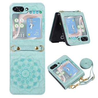 Til Samsung Galaxy Z Flip5 5G Flower Imprinted Phone Case Anti-Drop PU læder pc-cover med skulderrem