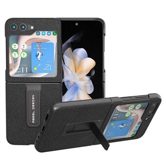 ABEEL Til Samsung Galaxy Z Flip5 5G Litchi Texture Bagcover Kickstand Ægte ko læder+PC telefonetui