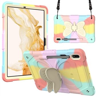 Til Samsung Galaxy Tab S9 Stødsikkert Silikone + PC Tablet Cover Kickstand Cover Sommerfugleform med Skulderrem - Farverig Rosaguld