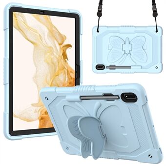 Anti-ridse Silikone + PC Tablet Etui til Samsung Galaxy Tab S9 Sommerfuglformet Stativdækning med Skulderrem