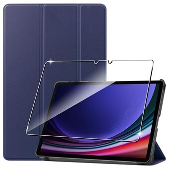 Til Samsung Galaxy Tab S9 Tri-fold Stand PU læder Tablet-etui med 2.5D hærde glas Skærmbeskytter.