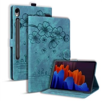 Til Samsung Galaxy Tab S9 Kortholder Læder Anti-slip Cover Blomster Katteaftryk Tablet Stander Etui