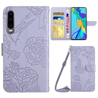 Skin-touch Feel PU Leather Case for Huawei P30, Butterfly and Flower Imprinting Pattern Supporting Stand Wallet Phone Cover with Shoulder Strap