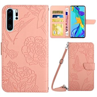 Skin-touch Feel PU Leather Case for Huawei P30 Pro, Butterfly and Flower Imprinting Pattern Shockproof Stand Wallet Cellphone Cover with Shoulder Strap