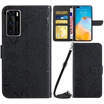 Skin-touch Feel PU Leather Case for Huawei P40, Butterfly and Flower Imprinting Pattern Viewing Stand Wallet Cellphone Cover with Shoulder Strap