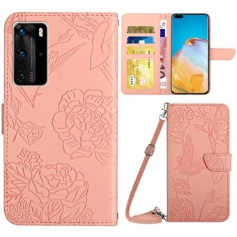 Butterfly and Flower Imprinting Pattern PU Leather Case for Huawei P40 Pro, Horizontal Stand Wallet Skin-touch Feel Cellphone Cover with Shoulder Strap