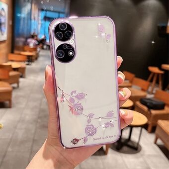 Stødsikker telefonbagcover til Huawei P50 Pro 4G, galvanisering med blomstermønster Rhinestone-dekor Blødt TPU-telefoncover