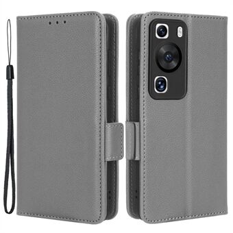 Til Huawei P60 / P60 Pro Litchi Texture PU-læderpung Beskyttelsesetui Stand Telefoncover med rem